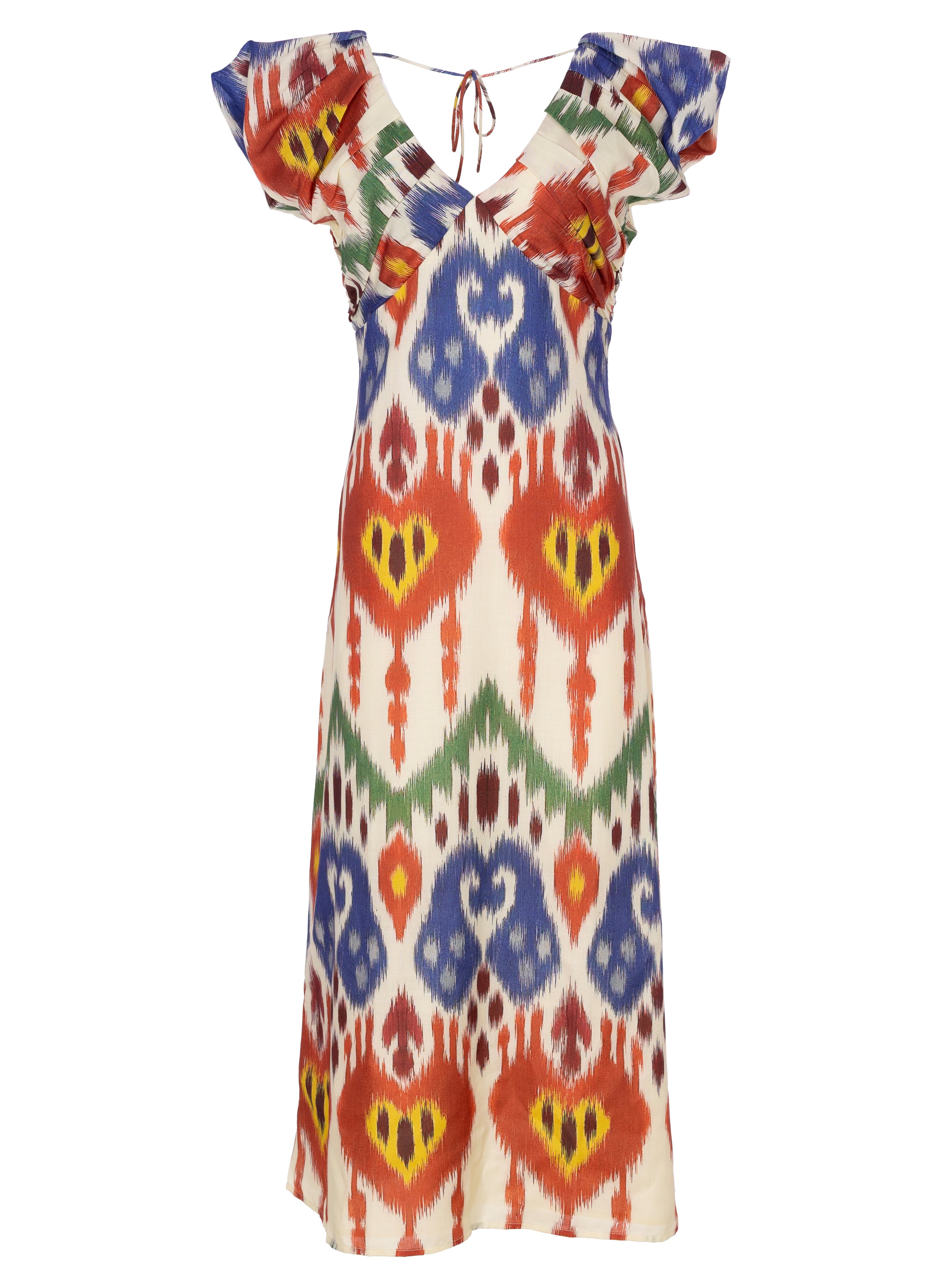 BENVOLIO IKAT - Vestido midi con estampado Ikat multicolor, perfecto para invitadas de boda y fiesta spring summer. MIOH es la marca española de vestidos de fiesta mas de moda, preferida por influencers y famosas de España