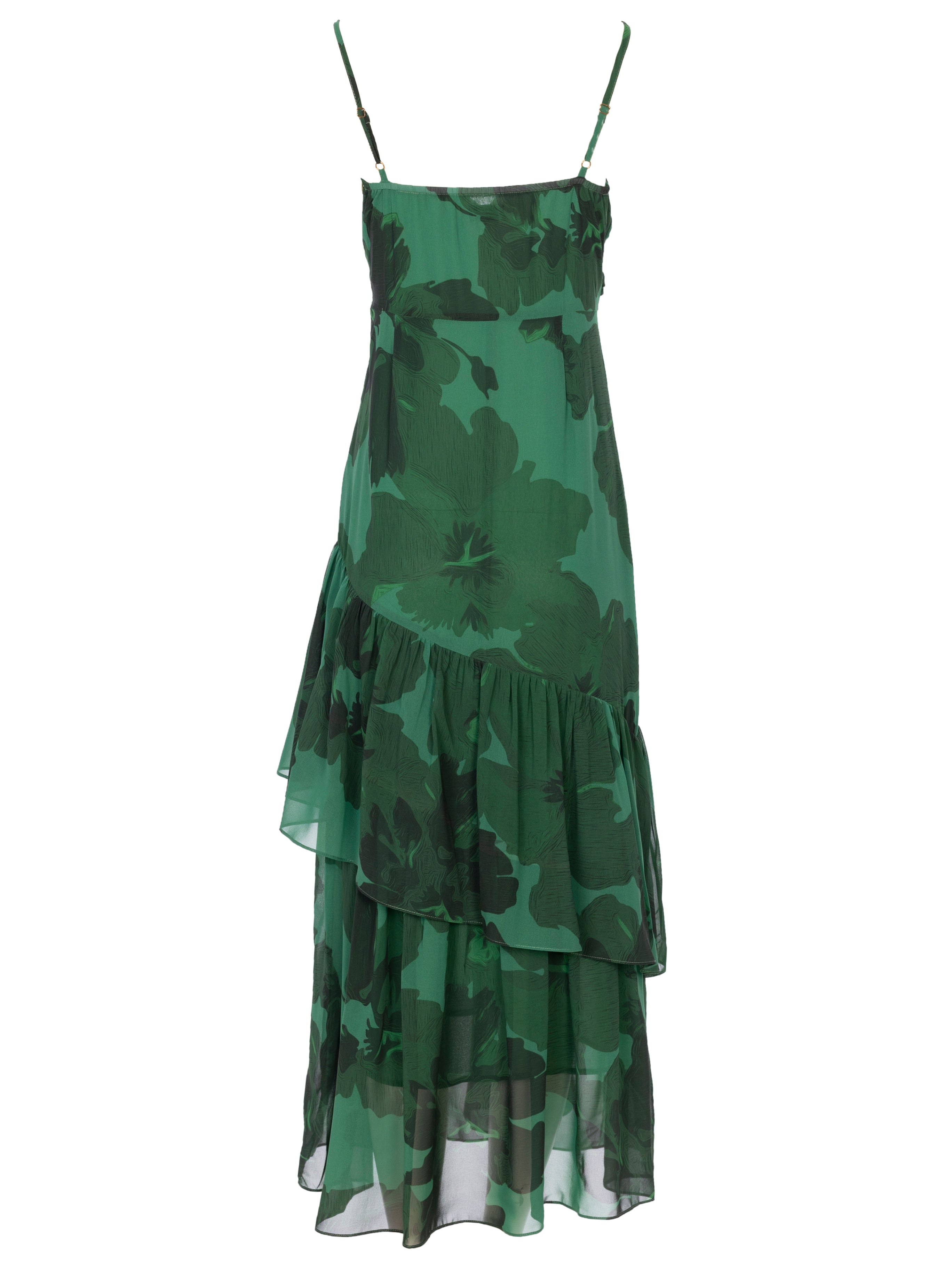 SHAKESPEARE GREEN - Vestido fluido volantes estampado floral, de fiesta e invitada de boda y evento primavera verano. MIOH es la marca que eligen las influencers de España para sus eventos, como bodas y fiestas