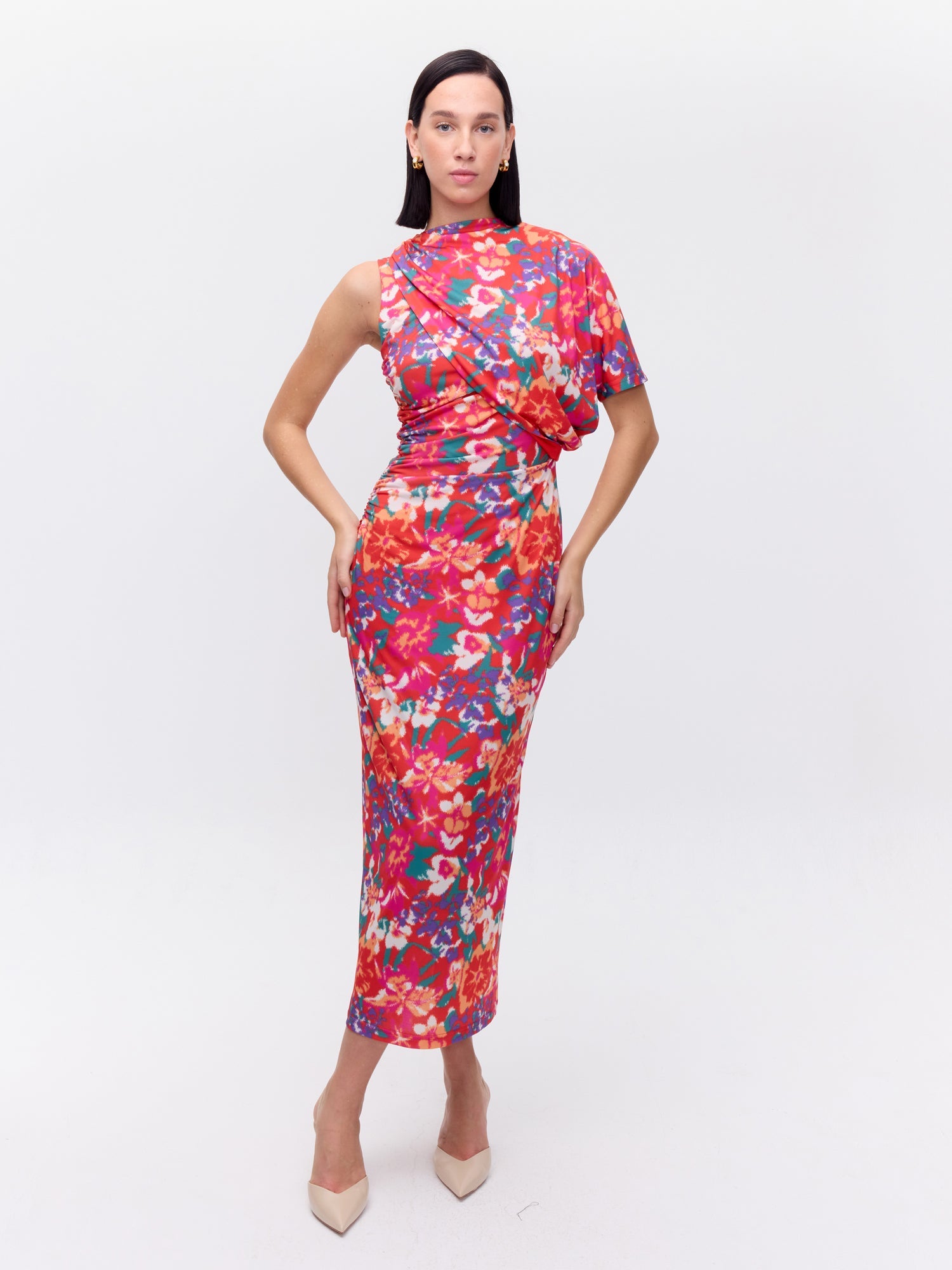 MIOH | VIBRANT FLOWERS - Vestido drapeado manga desmontable flower print para invitada de boda