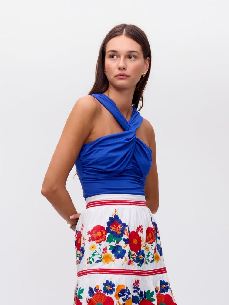 MIOH | WING BLUE - Top elástico posicional azul para invitada de boda