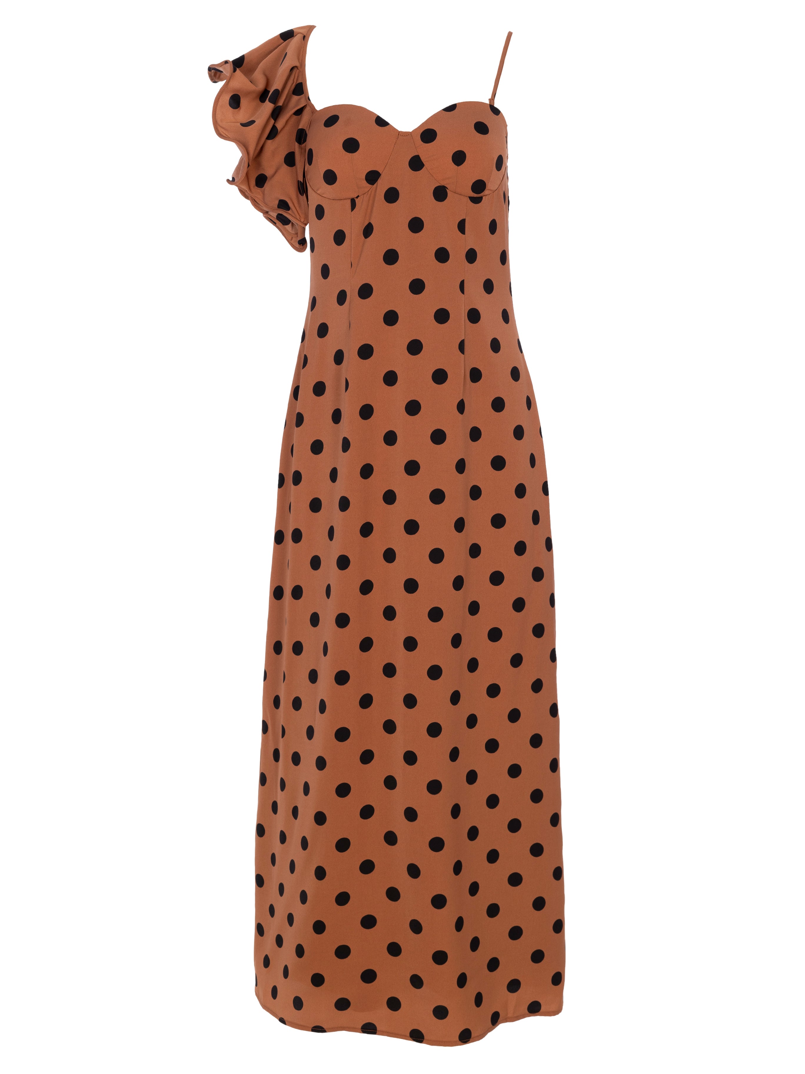 ROSALINDA DOTS - Vestido largo de lunares con volante en el tirante, de fiesta e invitada de boda y evento primavera verano. MIOH es la marca de vestidos de invitada de boda y fiesta de referencia en España