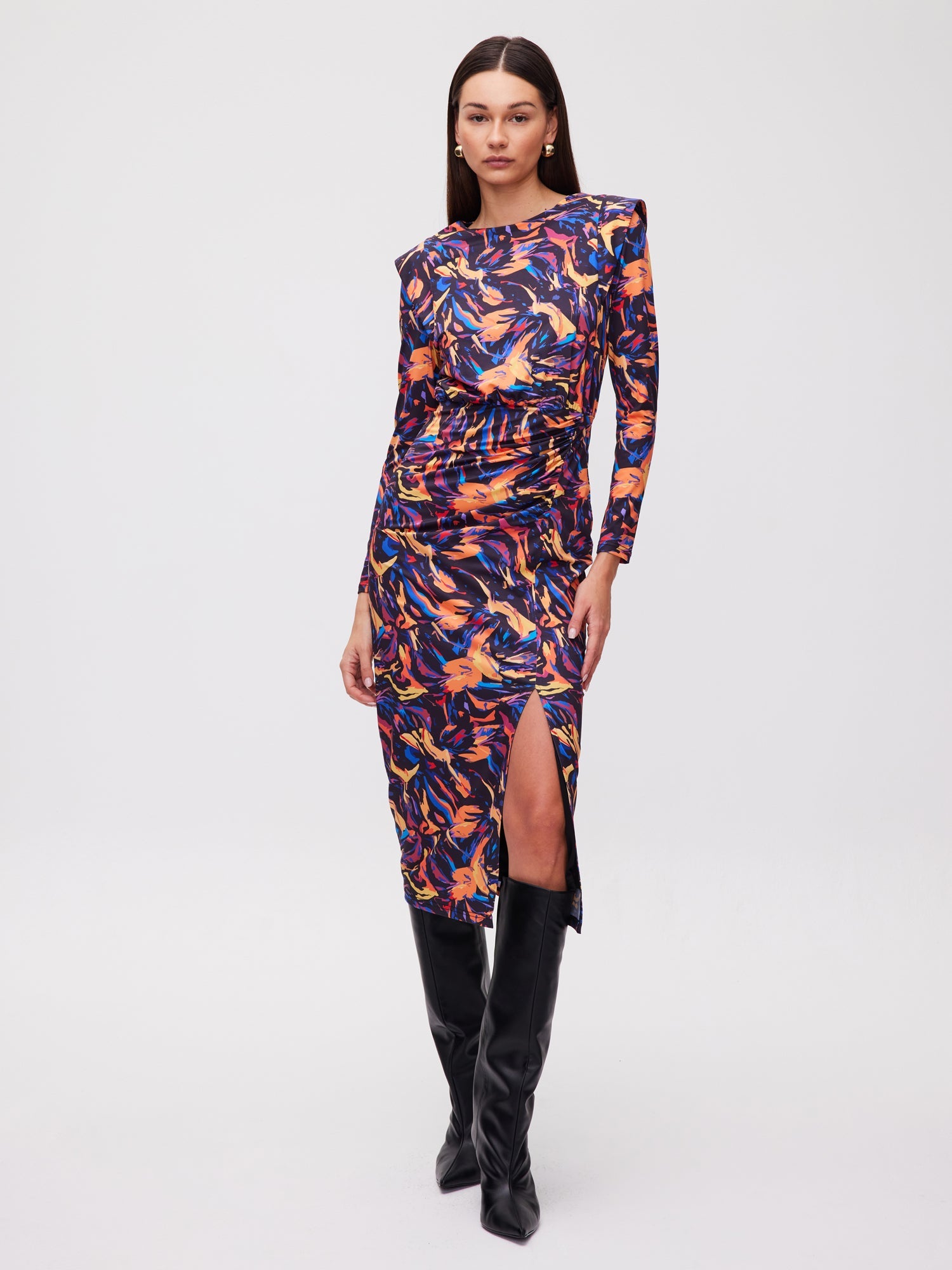 mioh | GALLERY PAINT - Vestido midi hombreras falda cruzada print