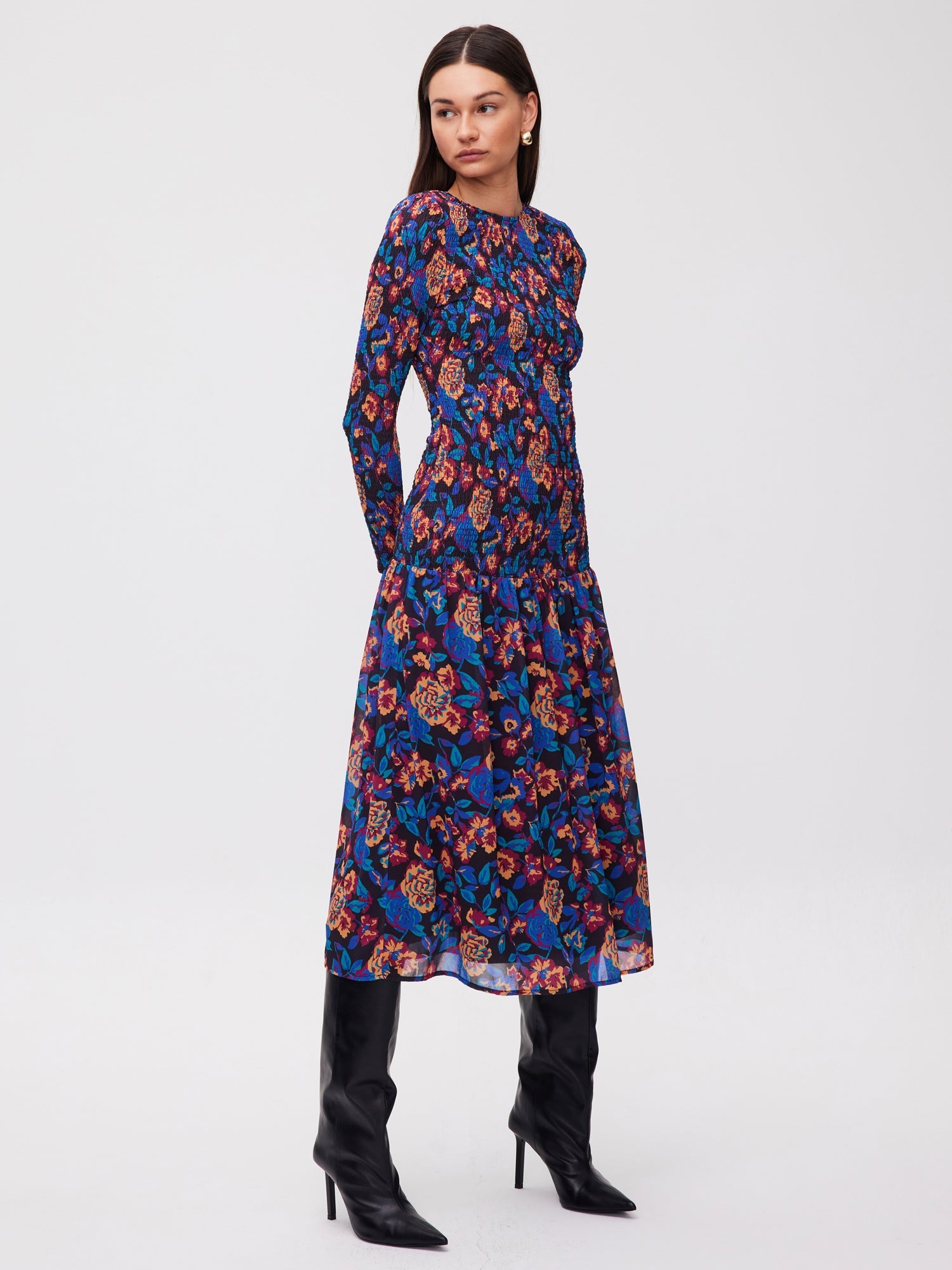 mioh | GARDEN - Vestido midi falda vuelo nido abeja print