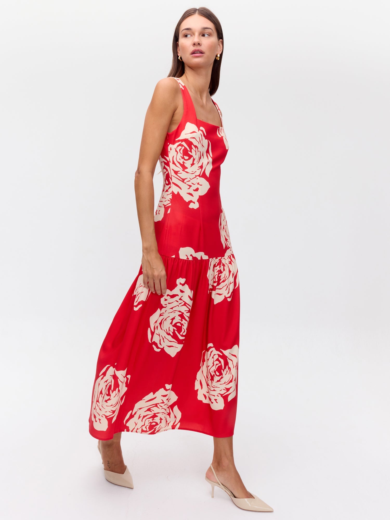 MIOH | NECTAR ROSES - Vestido rojo con volante en falda big roses print para invitada de boda