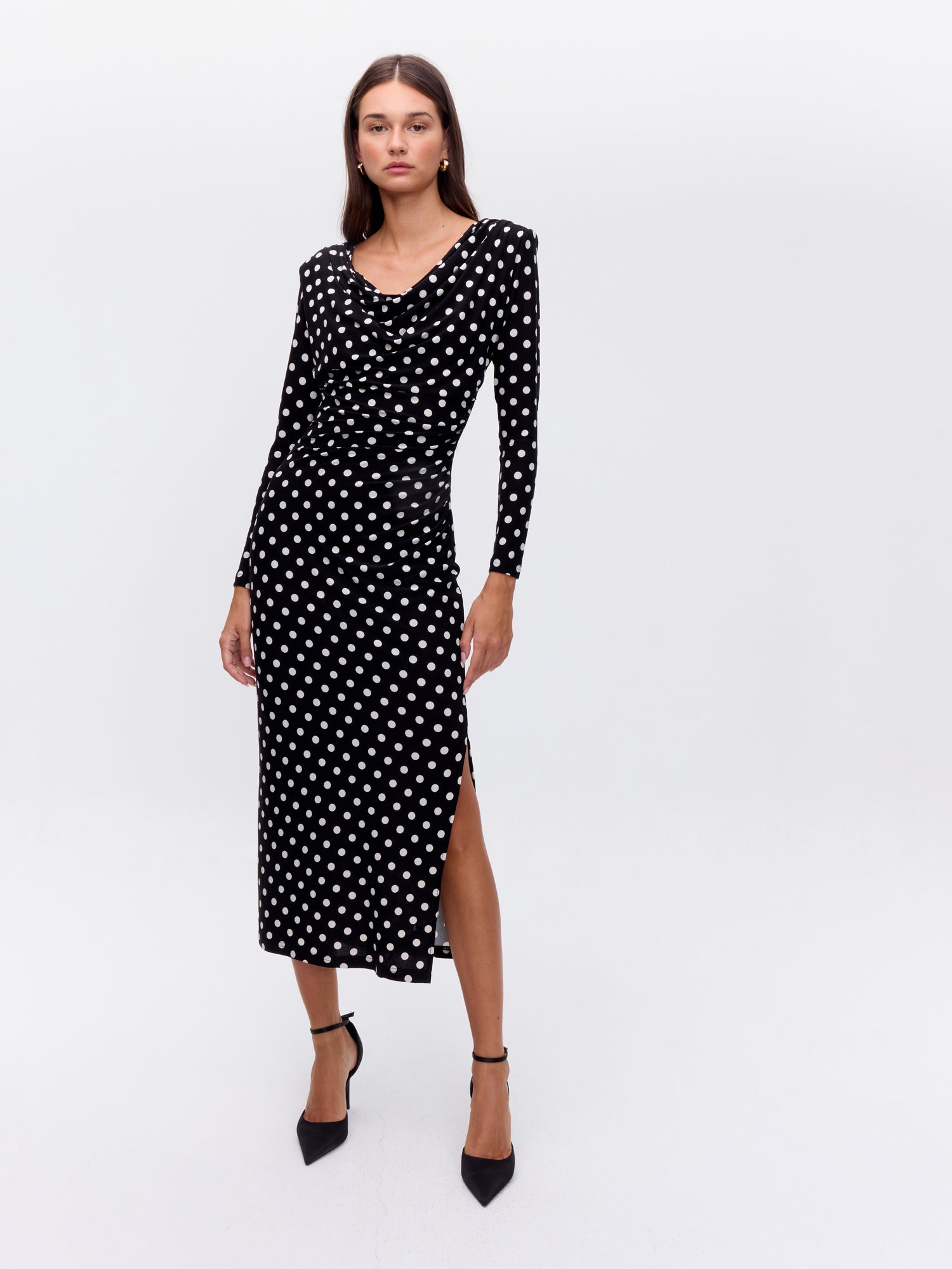 MIOH | OCASO DOTS - Vestido cuello drapeado manga larga lunares para invitada de boda