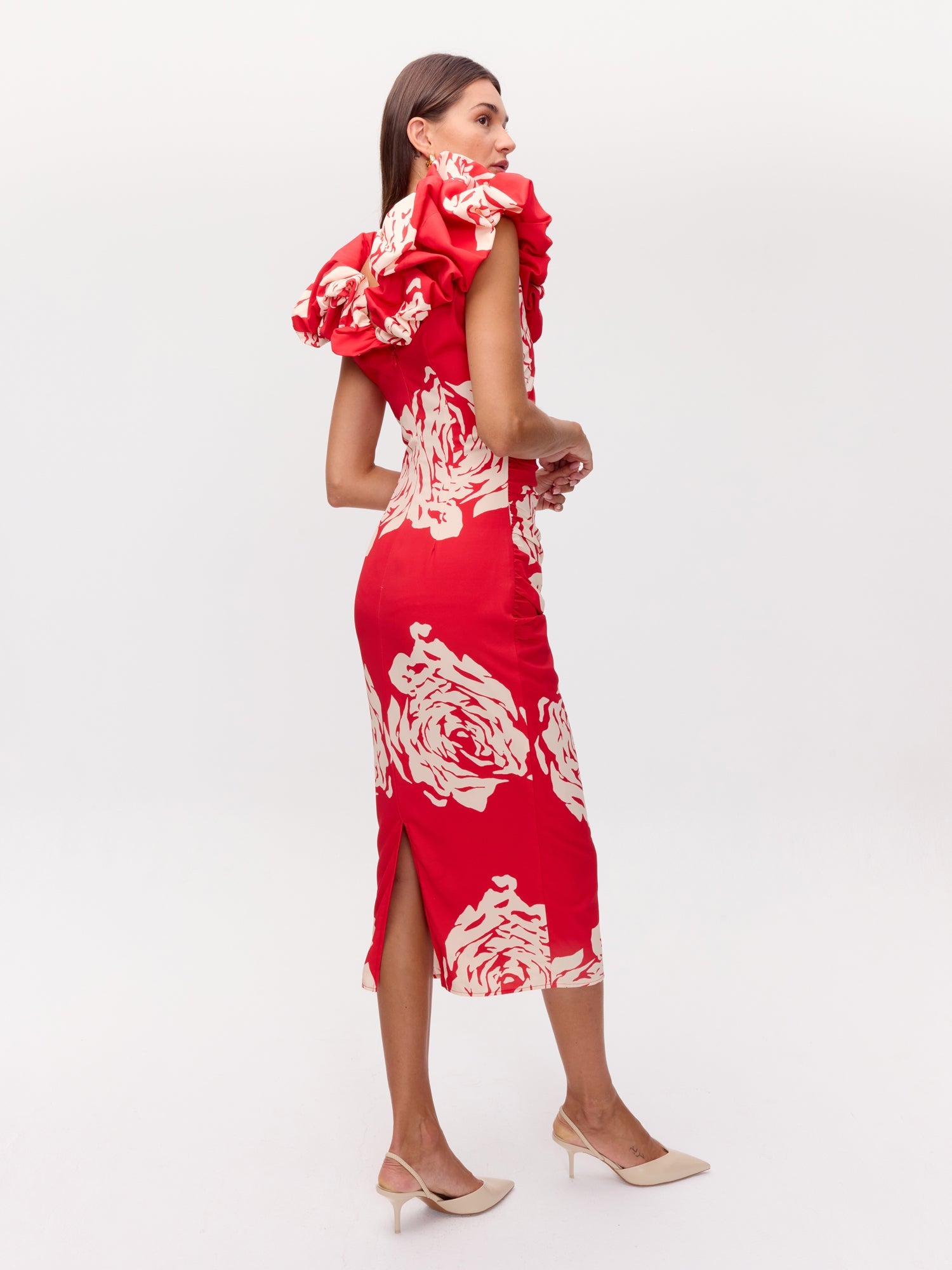 MIOH | PETALO ROSES - Vestido rojo volante escote big roses print para invitada de boda