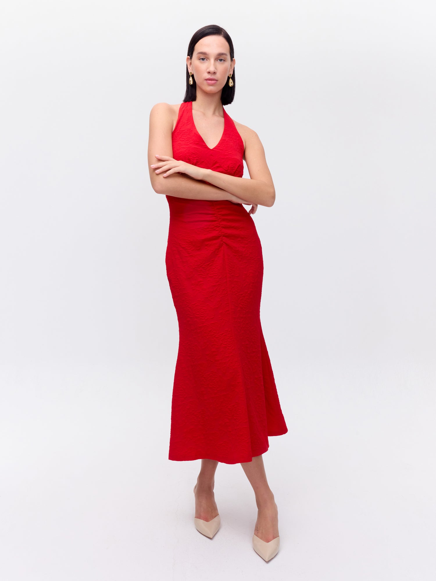 MIOH | PLEASURE DAMASCO - Vestido lazada cuello drap damasco rojo para invitada de boda