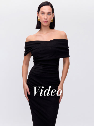 MIOH | SECRETO BLACK - Vestido escote posicional drap negro para invitada de boda