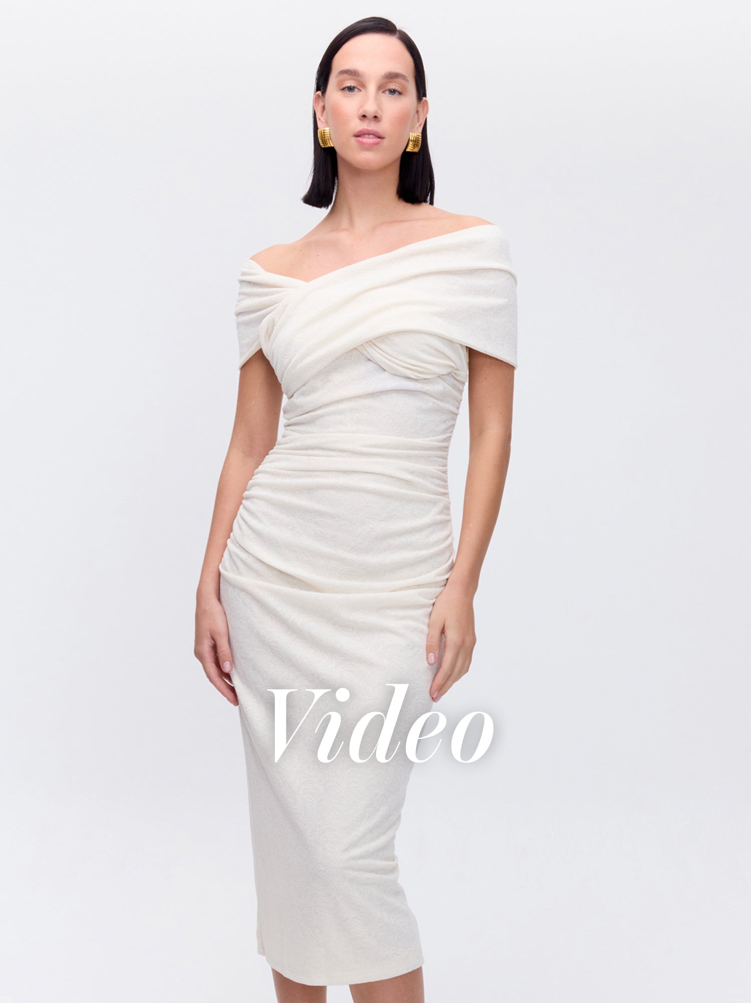 MIOH | SECRETO WHITE - Vestido escote posicional drap blanco para invitada de boda