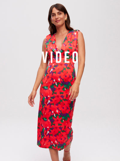 mioh | ZAHARA FLOWERS - Vestido midi sin mangas top plisado print flores para invitada de boda, fiesta y evento. Tendencia vestidos invitada Primavera Verano 2024. MIOH la marca española de vestidos más de moda