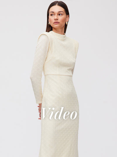 mioh | MUSEUM WHITE - Vestido midi hombreras punto blanco