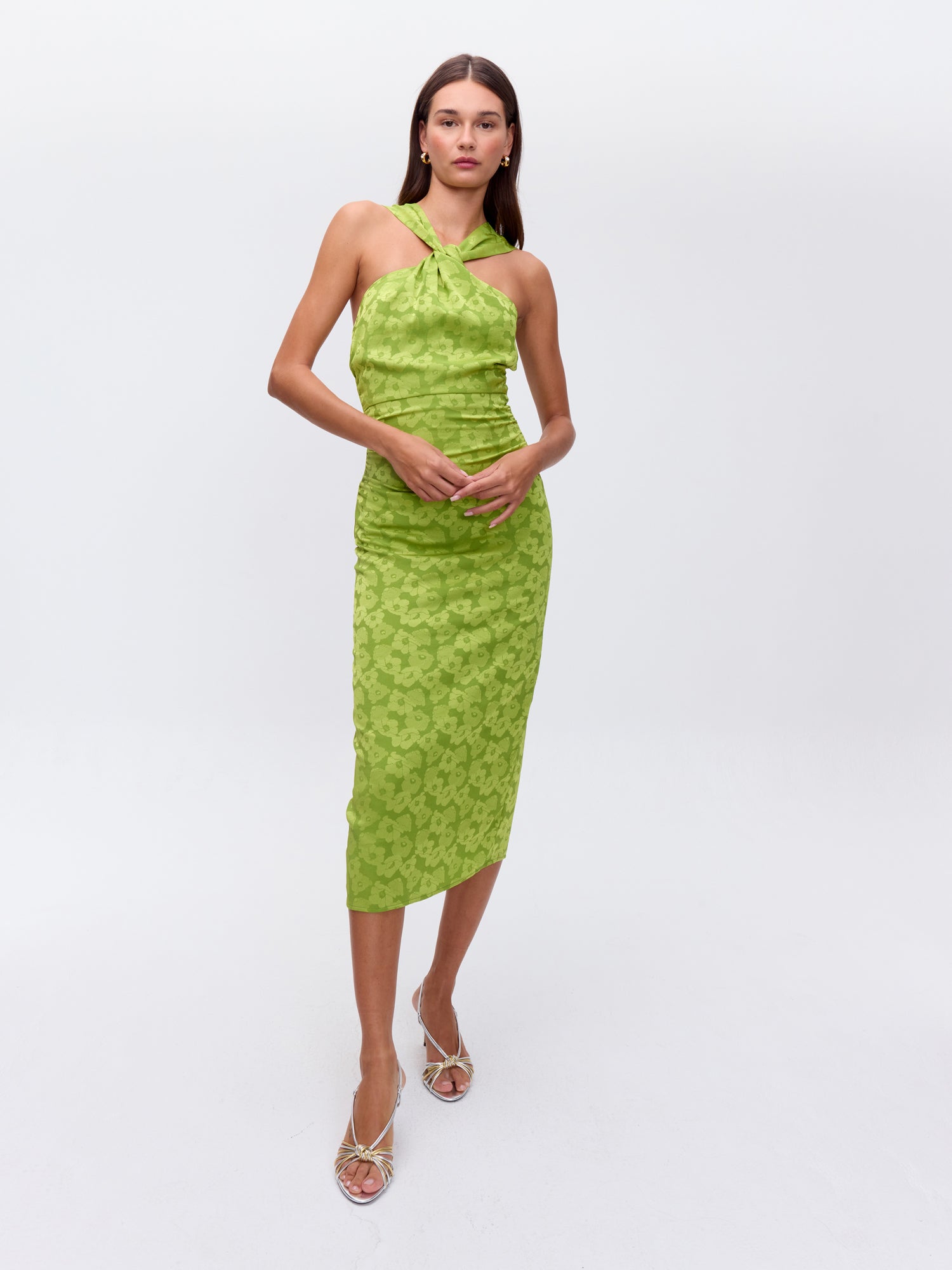 MIOH | TROPICAL LIMA - Vestido cuello halter jacquard de flores color lima para invitada de boda