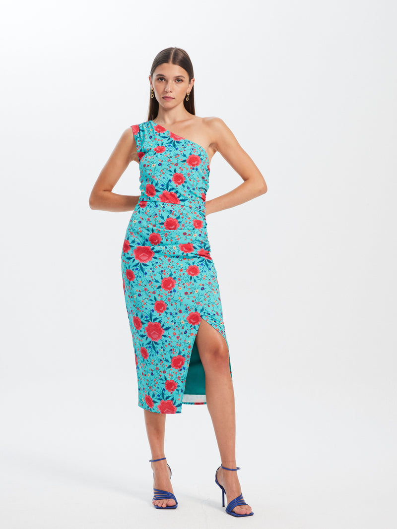mioh | CATALINA MANILA - Vestido largo midi de fiesta para ser la invitada de boda perfecta esta temporada Primavera Verano 2023. Perfecto para eventos de verano. Los vestidos estampados de mantón de Manila son pura tendencia SS23 y una de las señas de identidad de MIOH, la firma española de vestidos de invitada preferida por las celebrities.