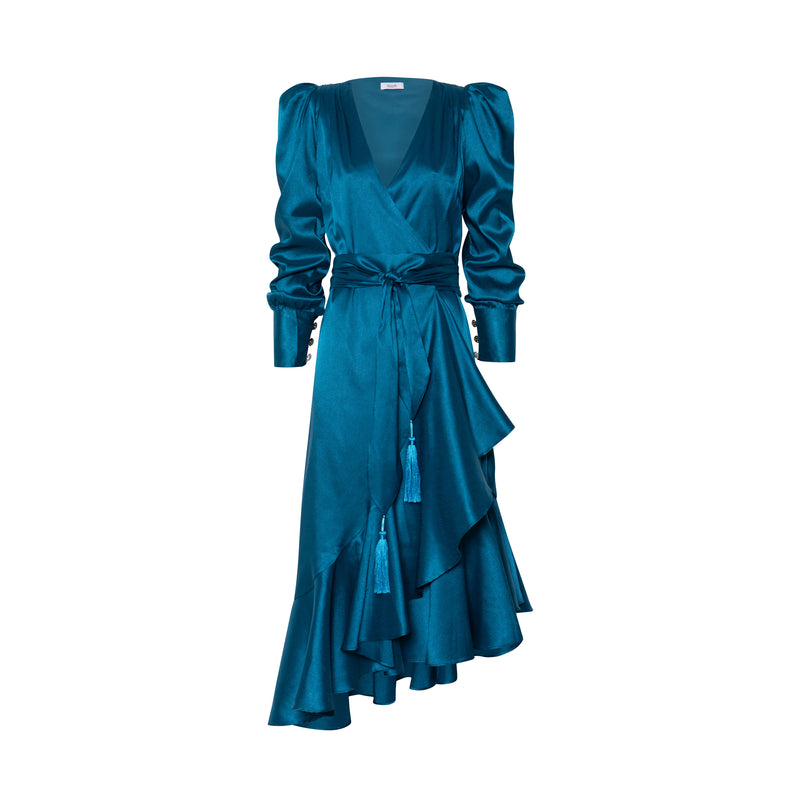 mioh | CLASSIC BLUE - Vestido wrap Jacquard para invitada boda y eventos. Descubre el CLASSIC BLUE, nuestro vestido de invitada wrap más famoso. Este año en un precioso color azul, con puño botones joya y la falda asimétrica en diagonal. Los vestidos wrap siempre quedan bien. Serás la invitada perfecta en bodas y toda clase de eventos esta temporada Otoño Invierno 2022-23. Un must.