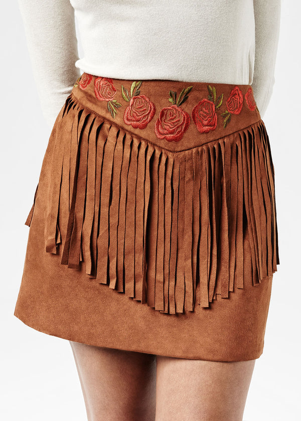 MISSISSIPPI - Mini falda de antelina con flecos con bordados de rosas