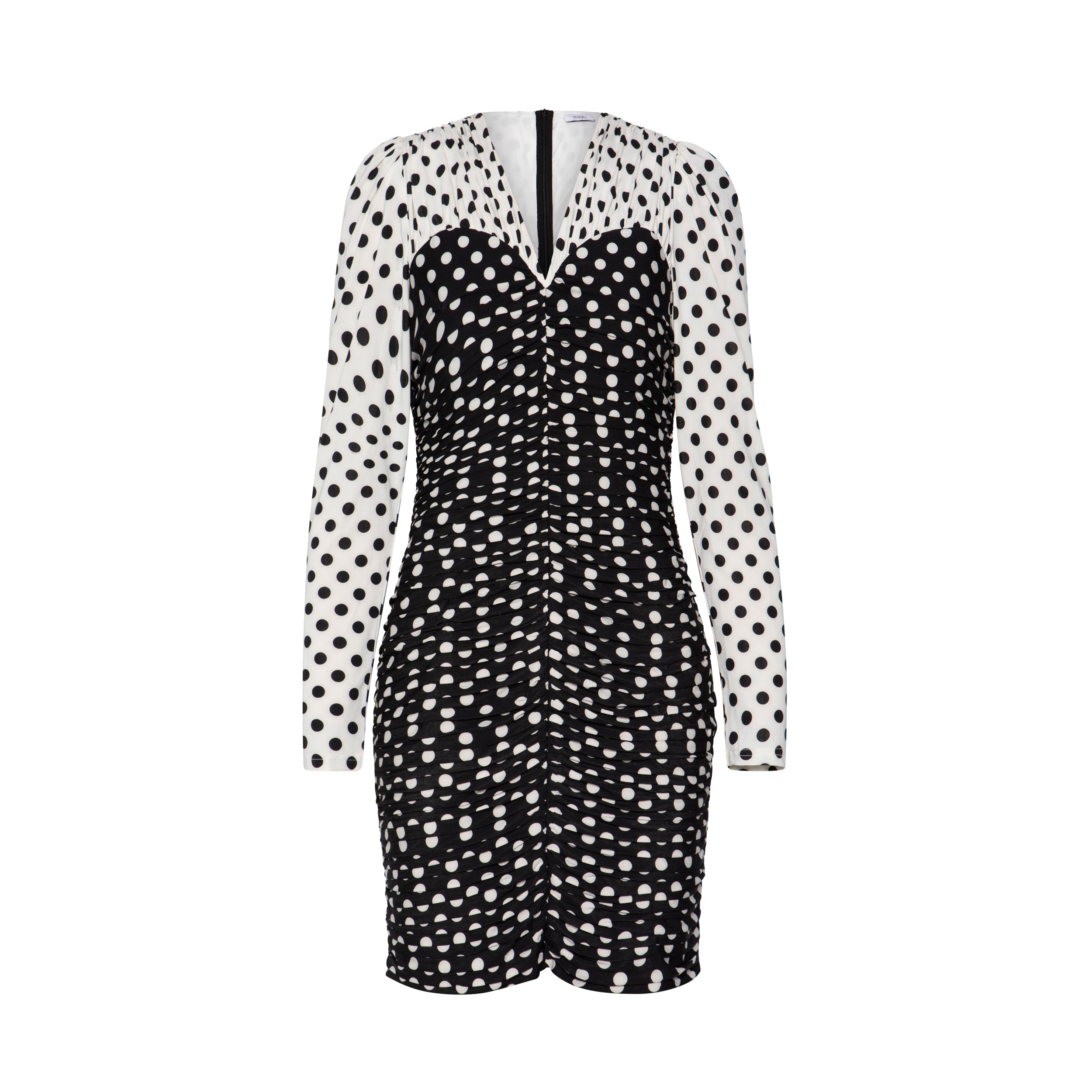 mioh | PUNK DOTS - Vestido corto para invitada de boda y eventos. Vestido de invitada y fiesta pura tendencia. Drapeado, lunares negros sobre blanco, ajustado, vestido para ponerte una y otra vez. Serás la invitada perfecta, e irás ideal en toda clase de ocasiones. Sienta como un guante. Sin duda, vestido tendencia 2022 y uno de los modelos de la temporada. Must-try-on.