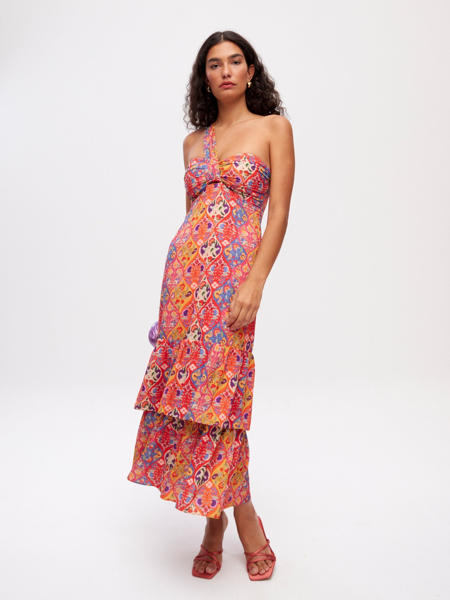 mioh | SAONA FOLK - Vestido midi asimétrico volantes falda print folk para invitada de boda, fiesta y evento. Tendencia vestidos invitada Primavera Verano 2024. MIOH la marca española de vestidos más de moda